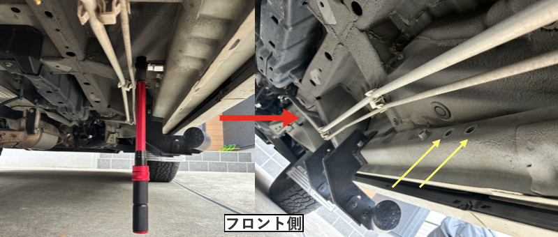 14mmソケットでデリカD5のフロント側純正ボルトを取り外している様子